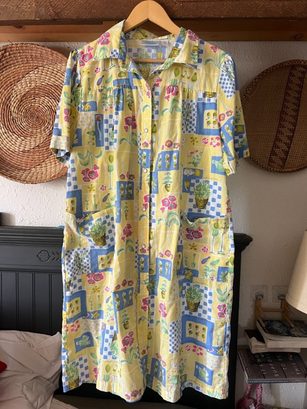 National House Dress Medium Yellow Garden Florals House Coat Robe w/snaps mumu